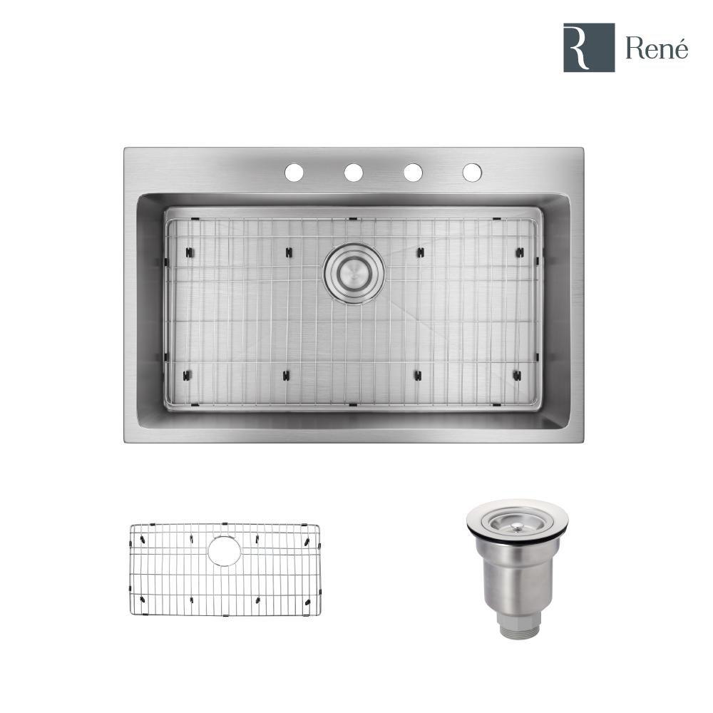 Rene Sinks Brushed Satin 31-1/8 x 20 in. 4 Hole Stainless Steel 1 Bowl Drop-in Kitchen Sink 