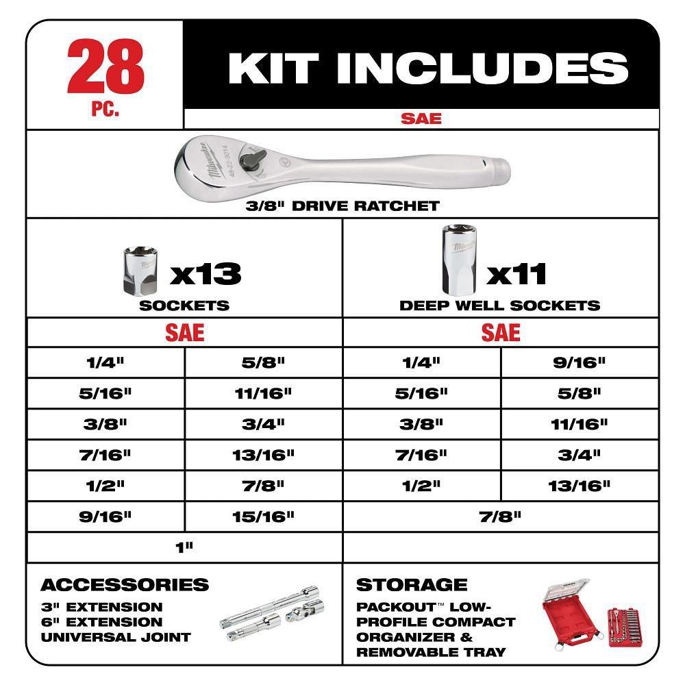 3/8 in. Drive 28 Piece SAE Ratchet & Socket Set with PACKOUT&trade; Low-Profile Compact Organizer 