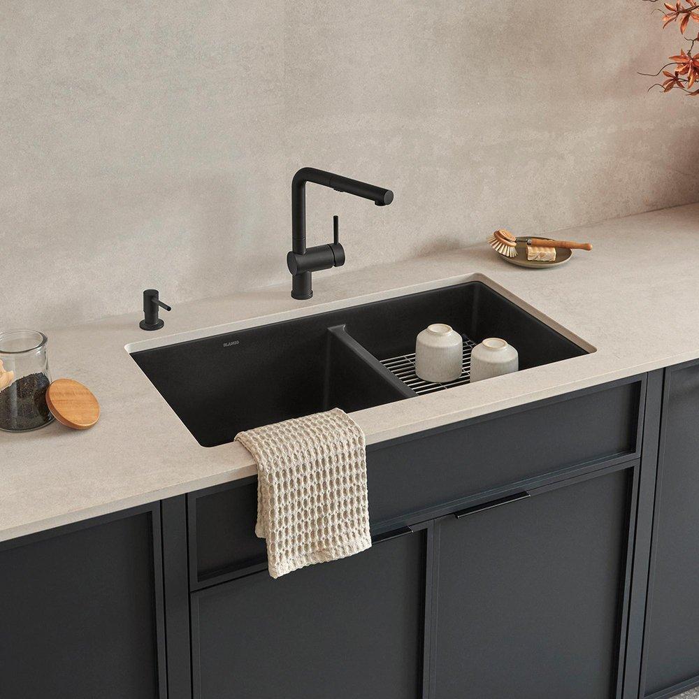 BLANCO Coal Black 33 x 18 in. No Hole Granite Composite Double Bowl Undermount Kitchen Sink 