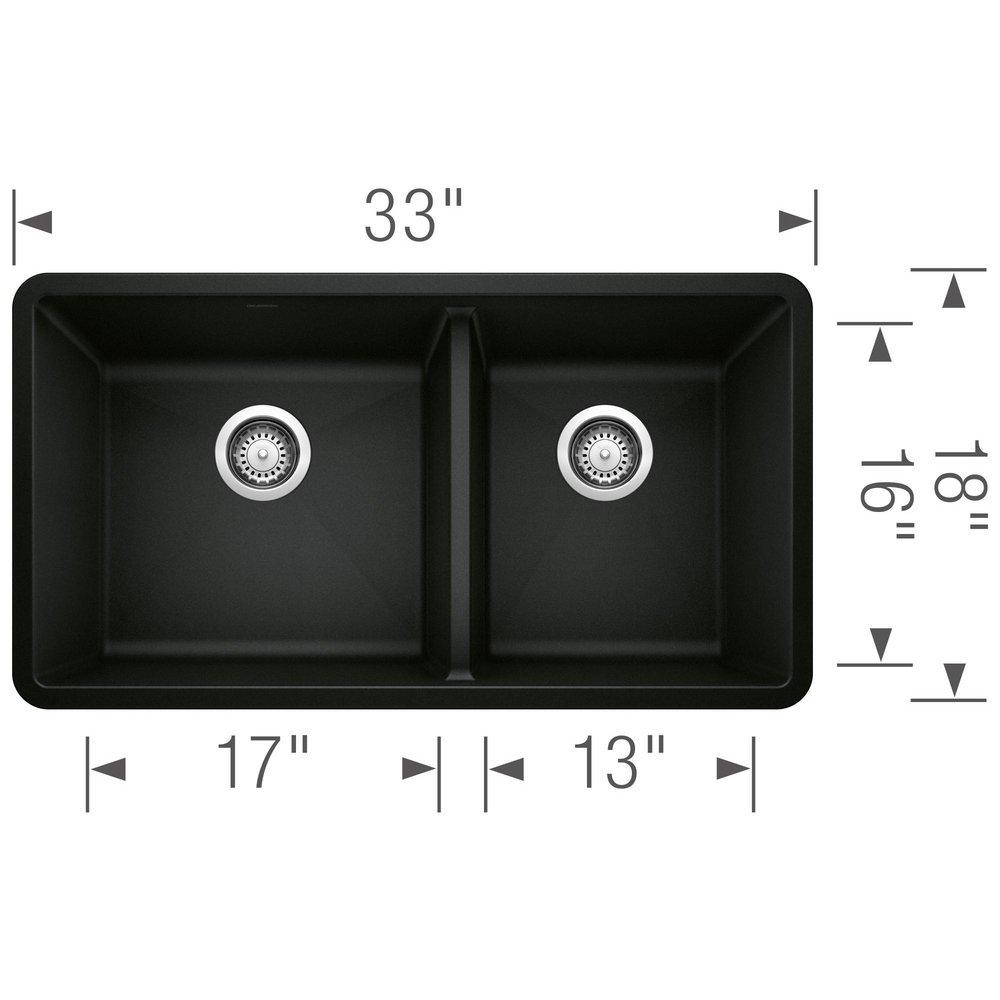 BLANCO Coal Black 33 x 18 in. No Hole Granite Composite Double Bowl Undermount Kitchen Sink 