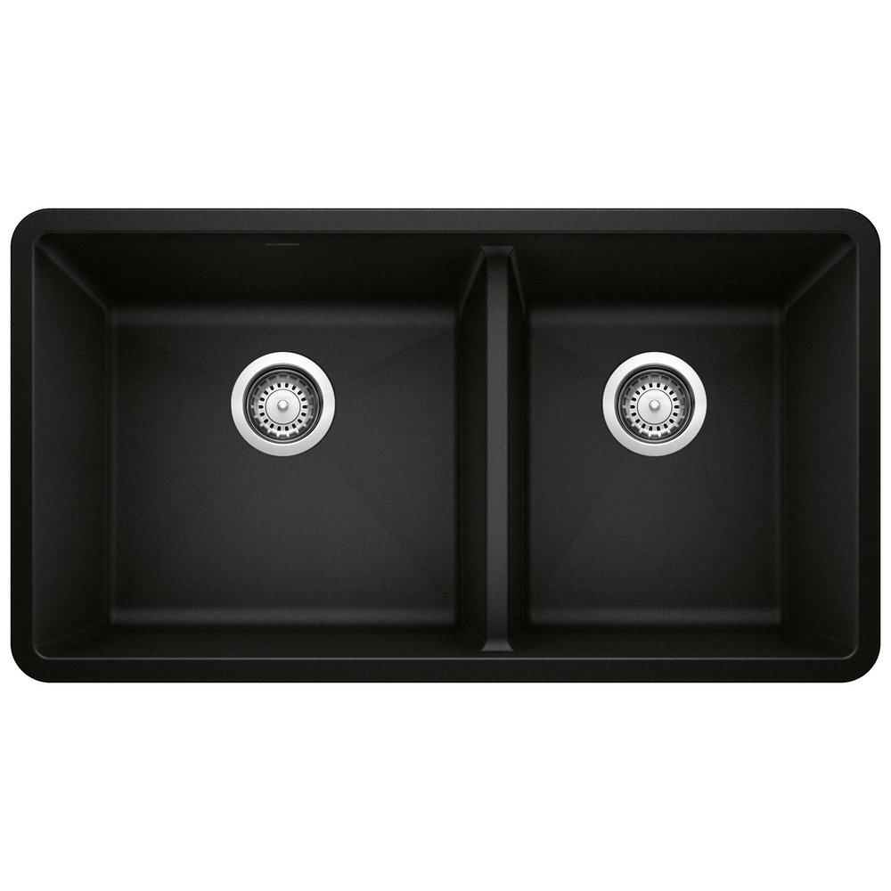 BLANCO Coal Black 33 x 18 in. No Hole Granite Composite Double Bowl Undermount Kitchen Sink 
