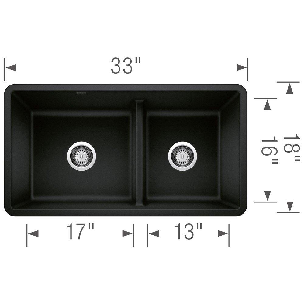 BLANCO Coal Black 33 x 18 in. No Hole Granite Composite Double Bowl Undermount Kitchen Sink 