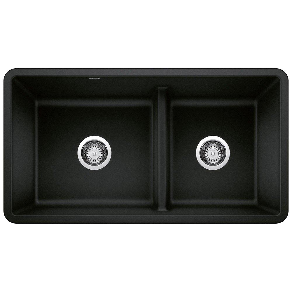 BLANCO Coal Black 33 x 18 in. No Hole Granite Composite Double Bowl Undermount Kitchen Sink 