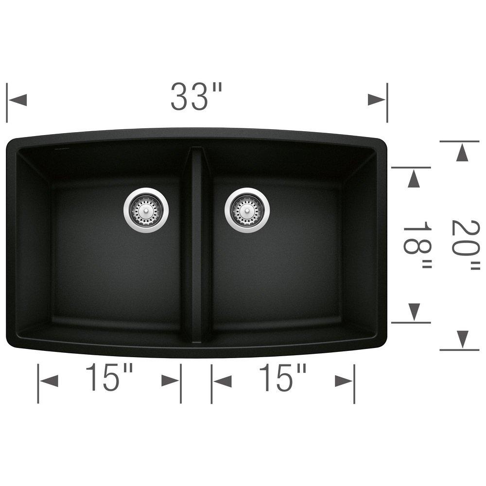 BLANCO Coal Black 33 x 20 in. No Hole Granite Composite Double Bowl Undermount Kitchen Sink 