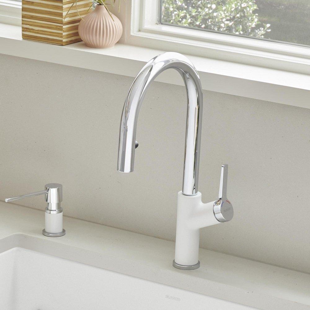 BLANCO Chrome/White Single Handle Pull Down Kitchen Faucet 