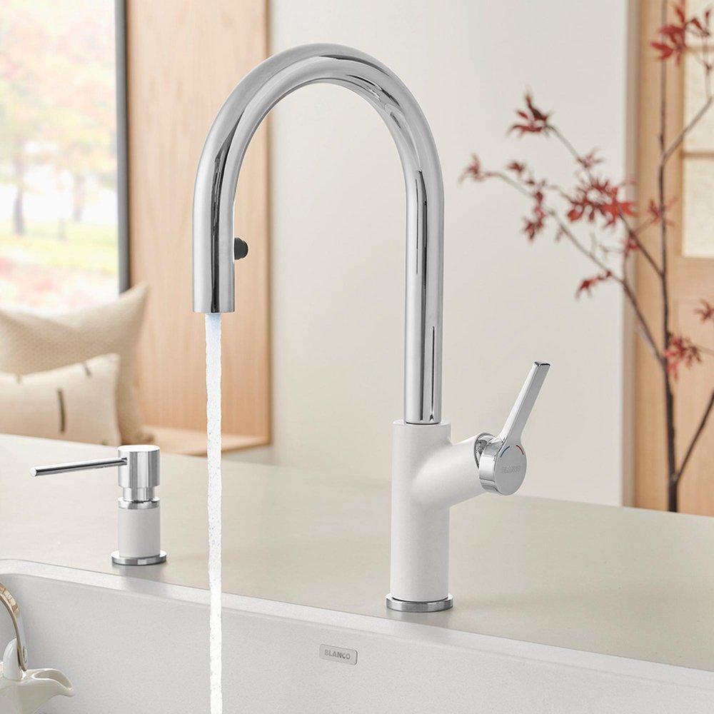 BLANCO Chrome/White Single Handle Pull Down Kitchen Faucet 