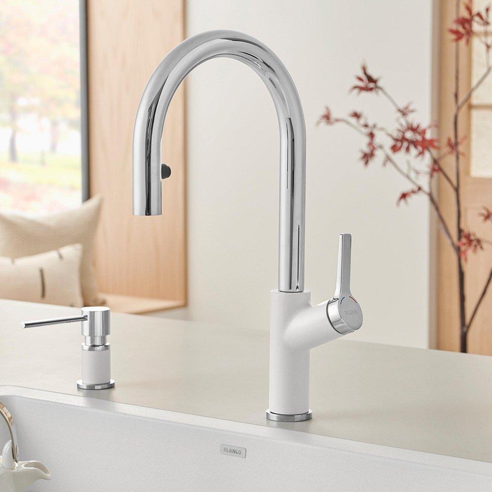 BLANCO Chrome/White Single Handle Pull Down Kitchen Faucet 
