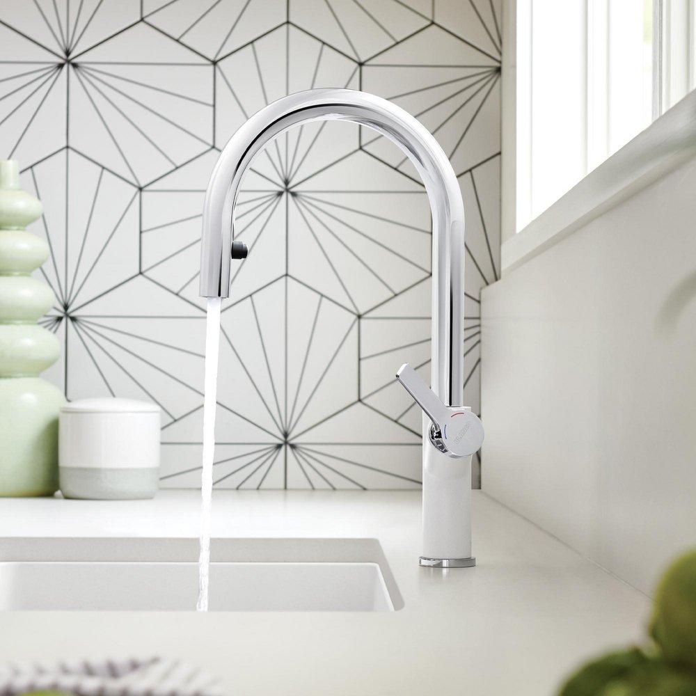 BLANCO Chrome/White Single Handle Pull Down Kitchen Faucet 