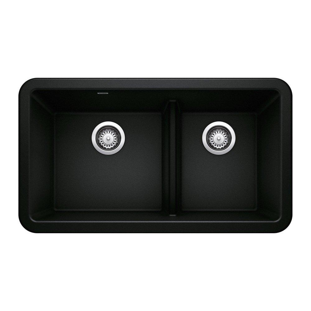 BLANCO Coal Black 33 x 19 in. No Hole Granite Composite Double Bowl Farmhouse Kitchen Sink 