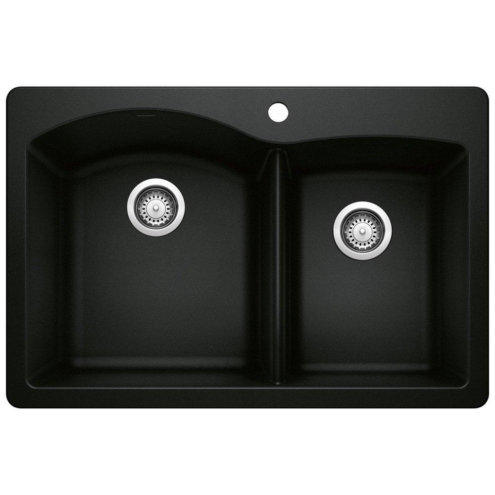 BLANCO Coal Black 32 x 20-3/4 in. 1-Hole Granite Composite Double Bowl Dual Mount Kitchen Sink 