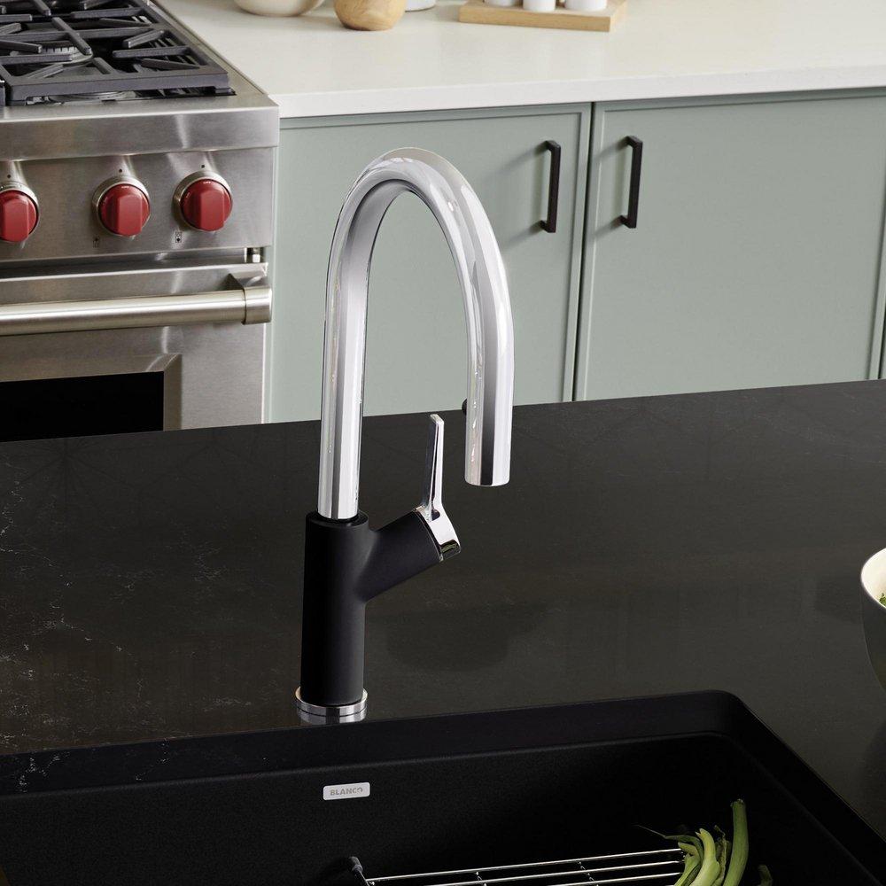 BLANCO Chrome/Coal Black Single Handle Pull Down Kitchen Faucet 