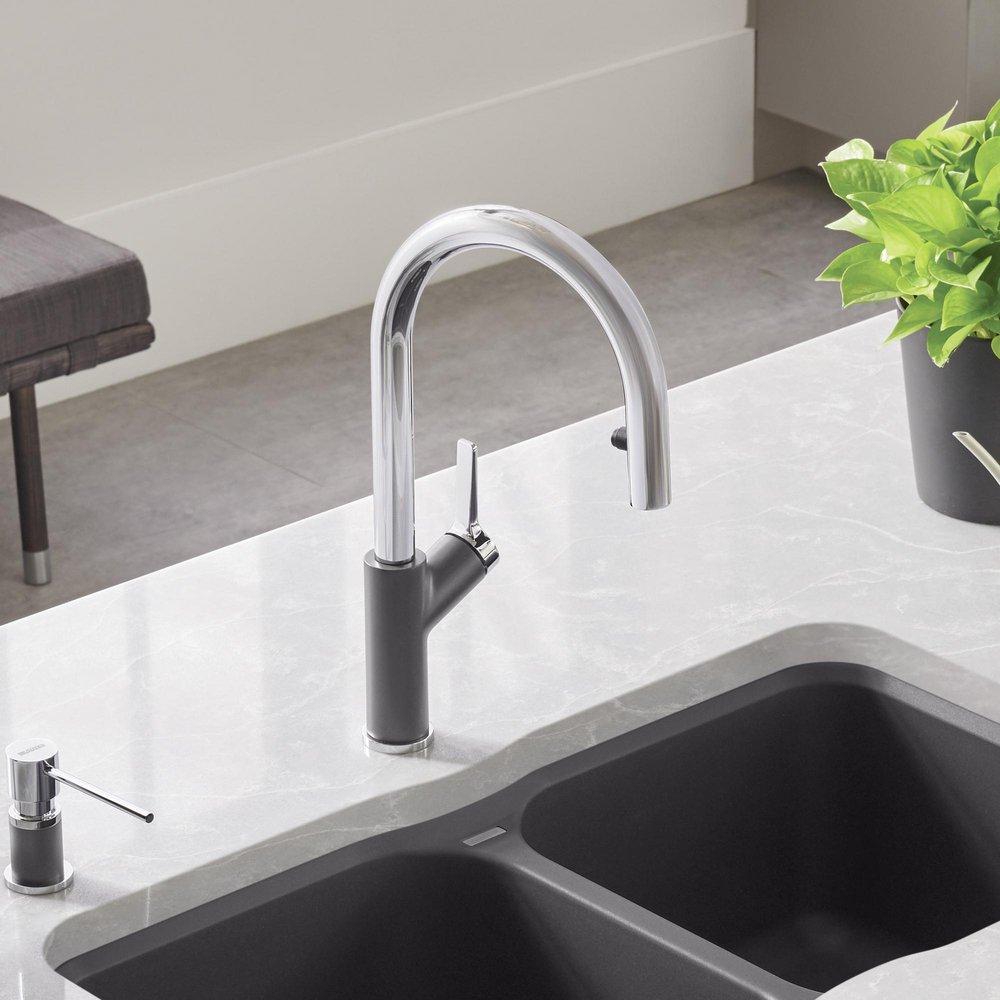 BLANCO Chrome/Cinder Single Handle Pull Down Kitchen Faucet 