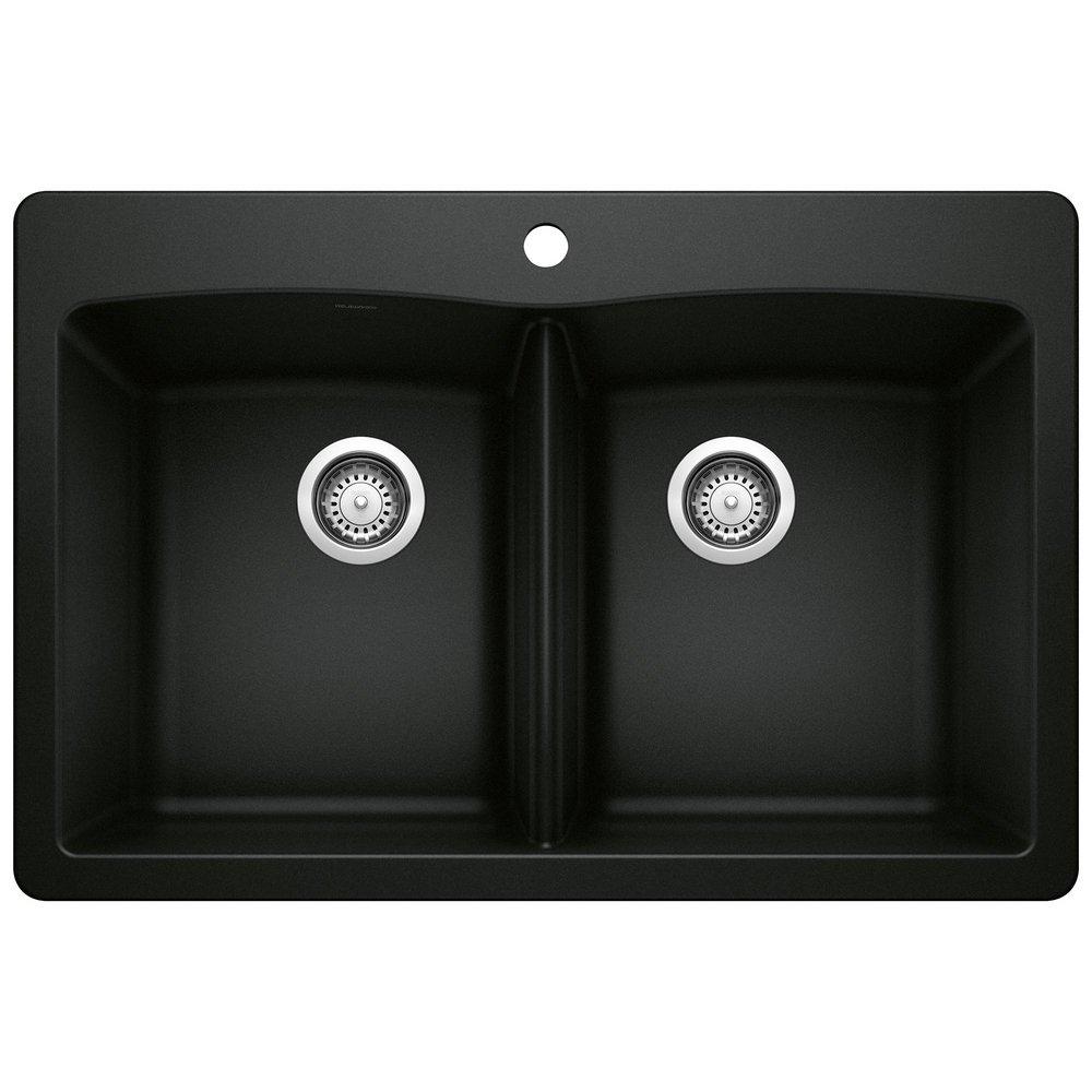 BLANCO Coal Black 33 x 22 in. 1-Hole Granite Composite Double Bowl Dual Mount Kitchen Sink 