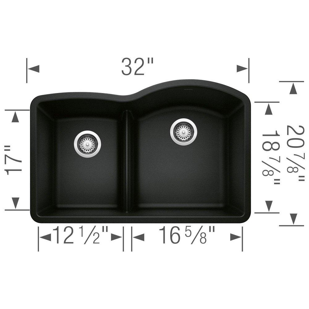 BLANCO Coal Black 32 x 20-7/8 in. No Hole Granite Composite Double Bowl Undermount Kitchen Sink 