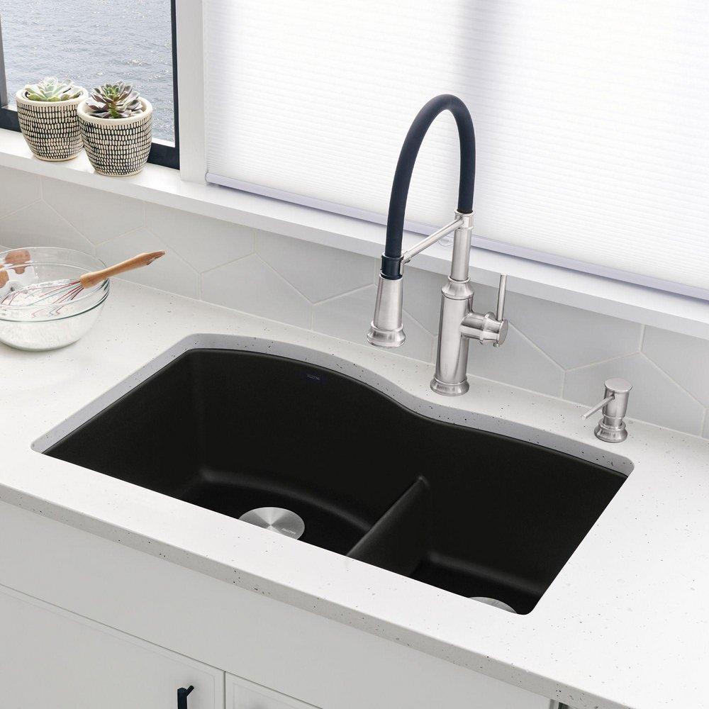 BLANCO Coal Black No Hole Granite Composite Double Bowl Undermount Kitchen Sink in Coal Black 