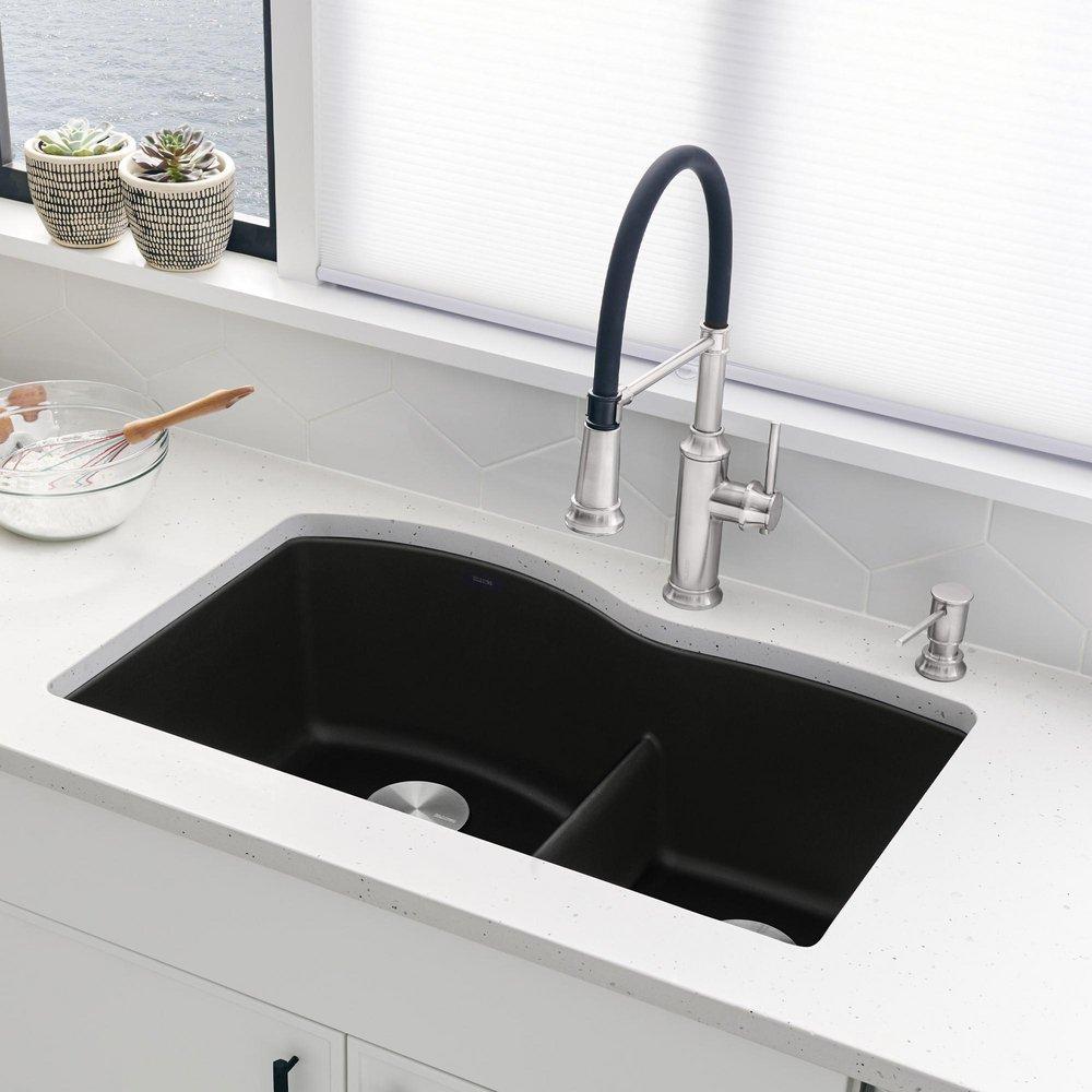 BLANCO Coal Black No Hole Granite Composite Double Bowl Undermount Kitchen Sink in Coal Black 