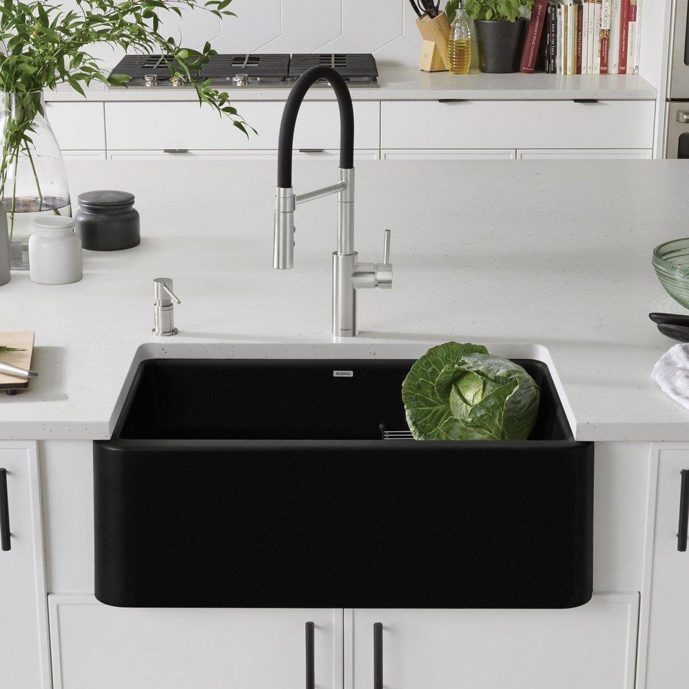 BLANCO Coal Black 30 x 19 in. No Hole Granite Composite Single Bowl Farmhouse Kitchen Sink 