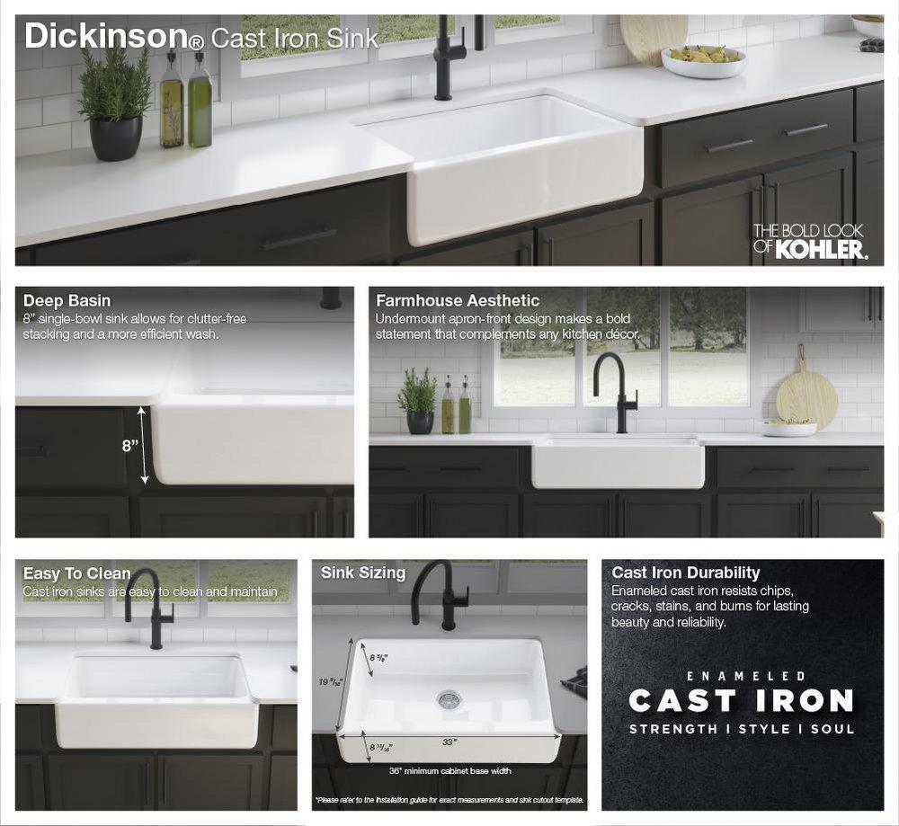 KOHLER White 33-1/16 x 19-9/16 in. No-Hole Cast Iron Single Bowl Undermount Kitchen Sink 