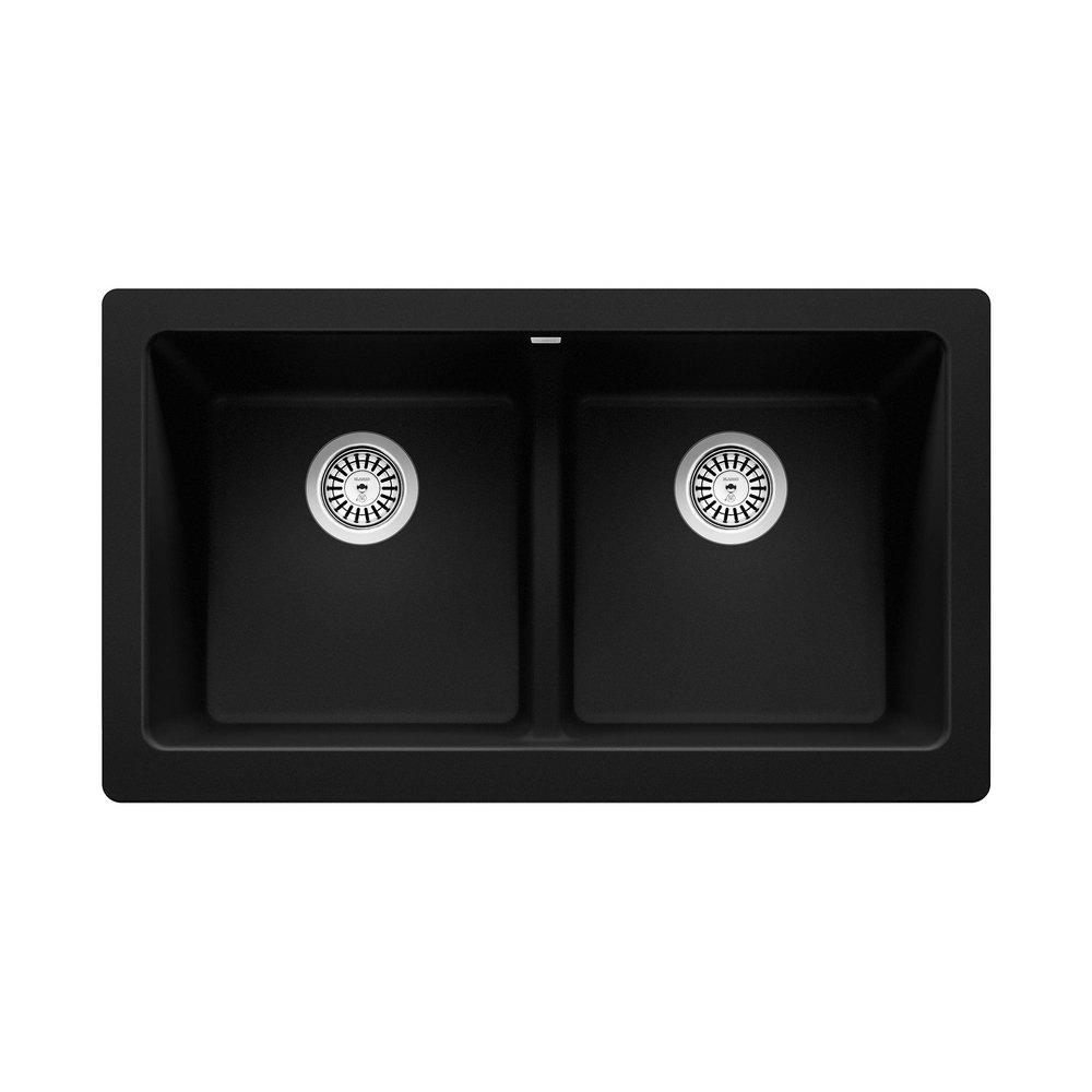 32-13/16 x 19 in. No Hole Granite Composite Double Bowl Farmhouse Kitchen Sink in Coal Black 