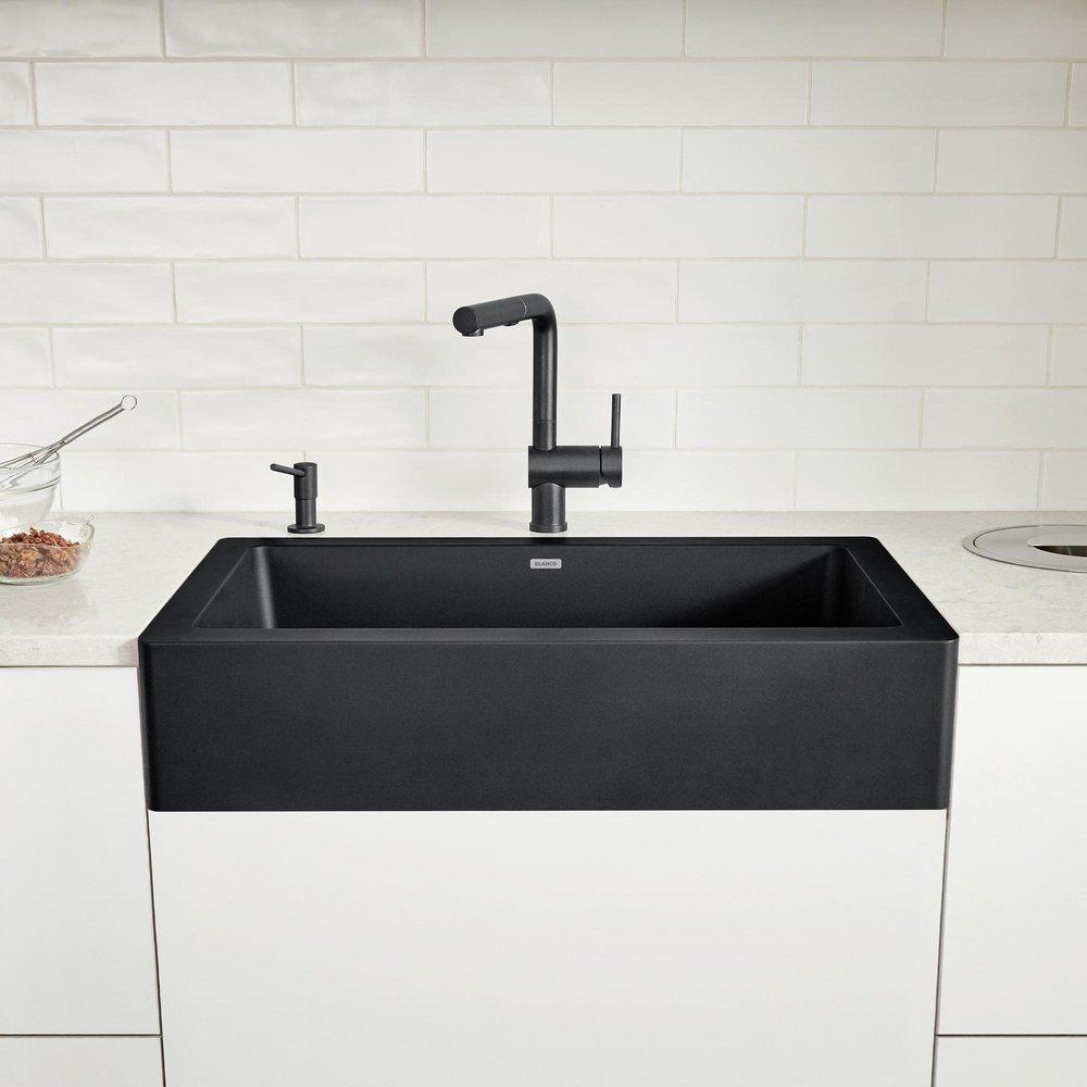 BLANCO Coal Black 29-13/16 x 19 in. No Hole Granite Composite Single Bowl Farmhouse Kitchen Sink 