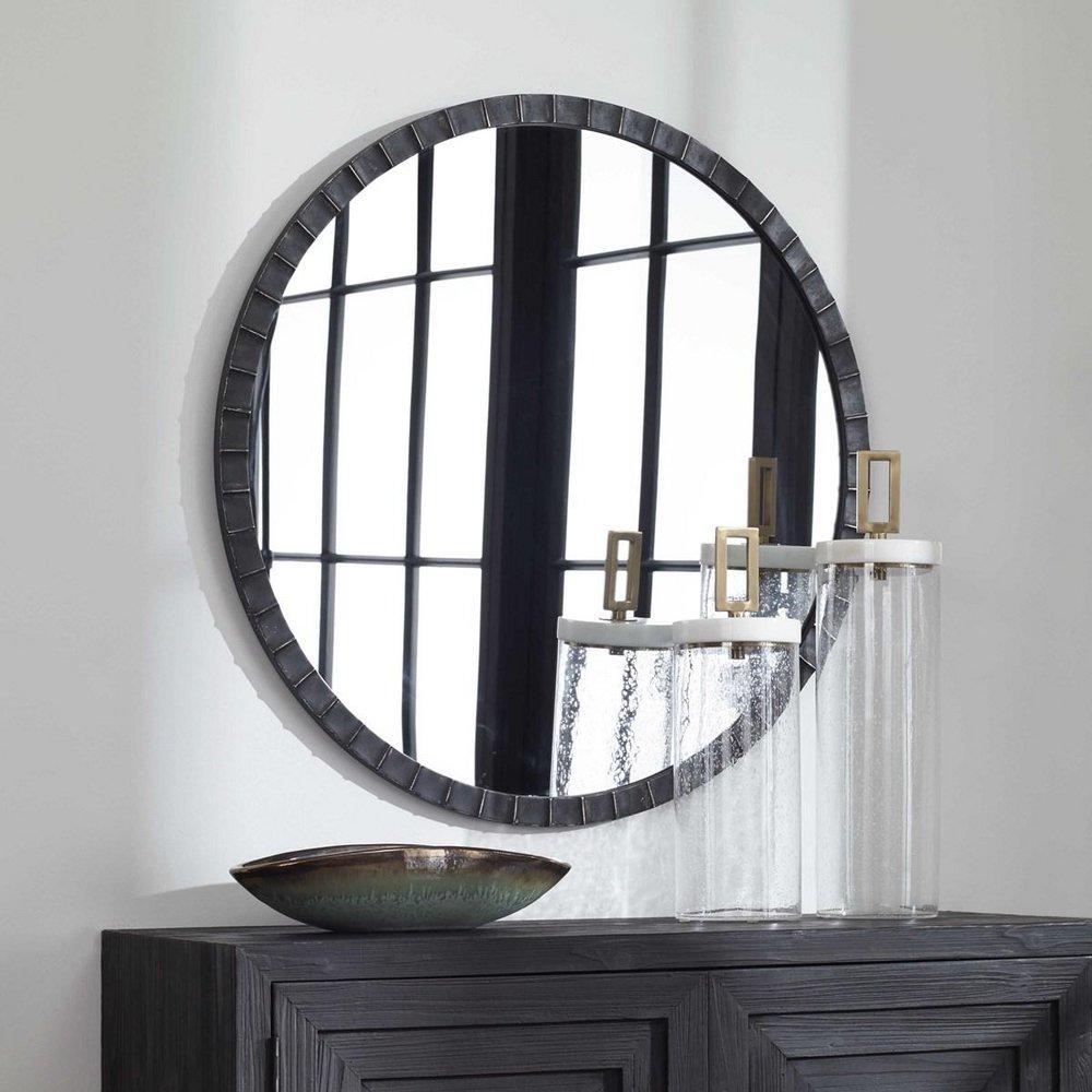 Uttermost Distressed Matte Black 34 in. Flat Edge Round Framed Mirror in Distressed Matte Black/Silver 