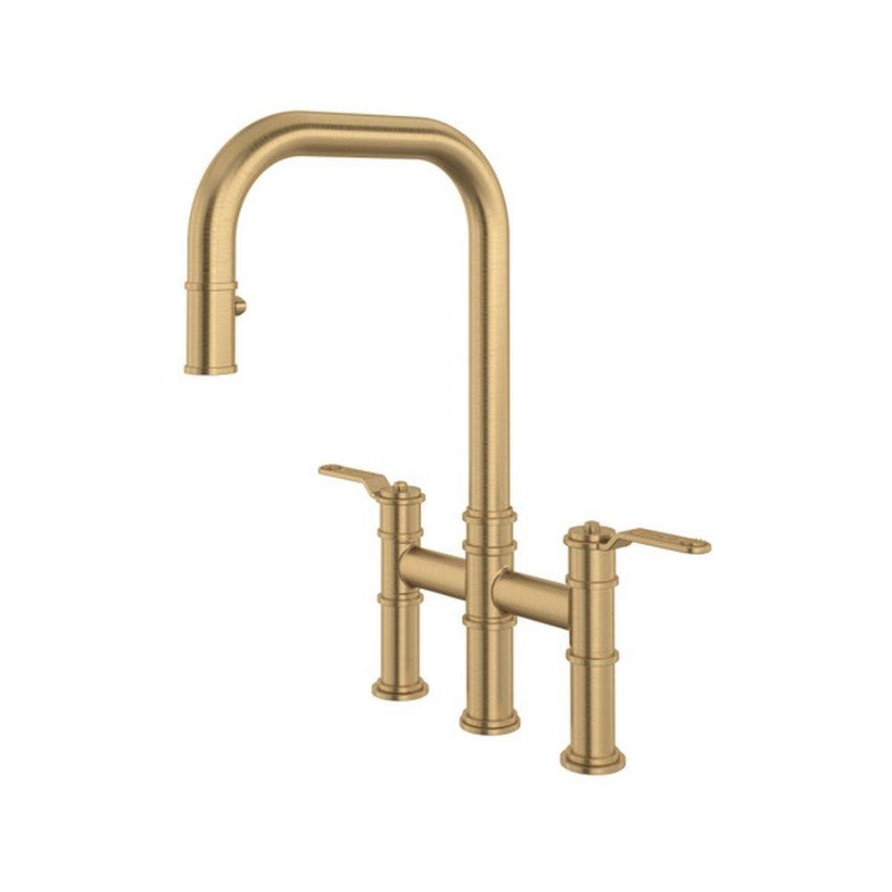 Perrin & Rowe Satin English Gold Pull Down and Bridge Kitchen Faucet 