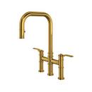 Two Handle Bridge Pull Down Kitchen Faucet in Unlacquered Brass