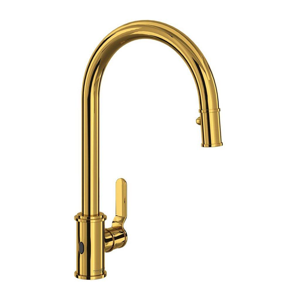 Perrin & Rowe Unlacquered Brass Touchless, Monoblock, and Pull Down Kitchen Faucet 