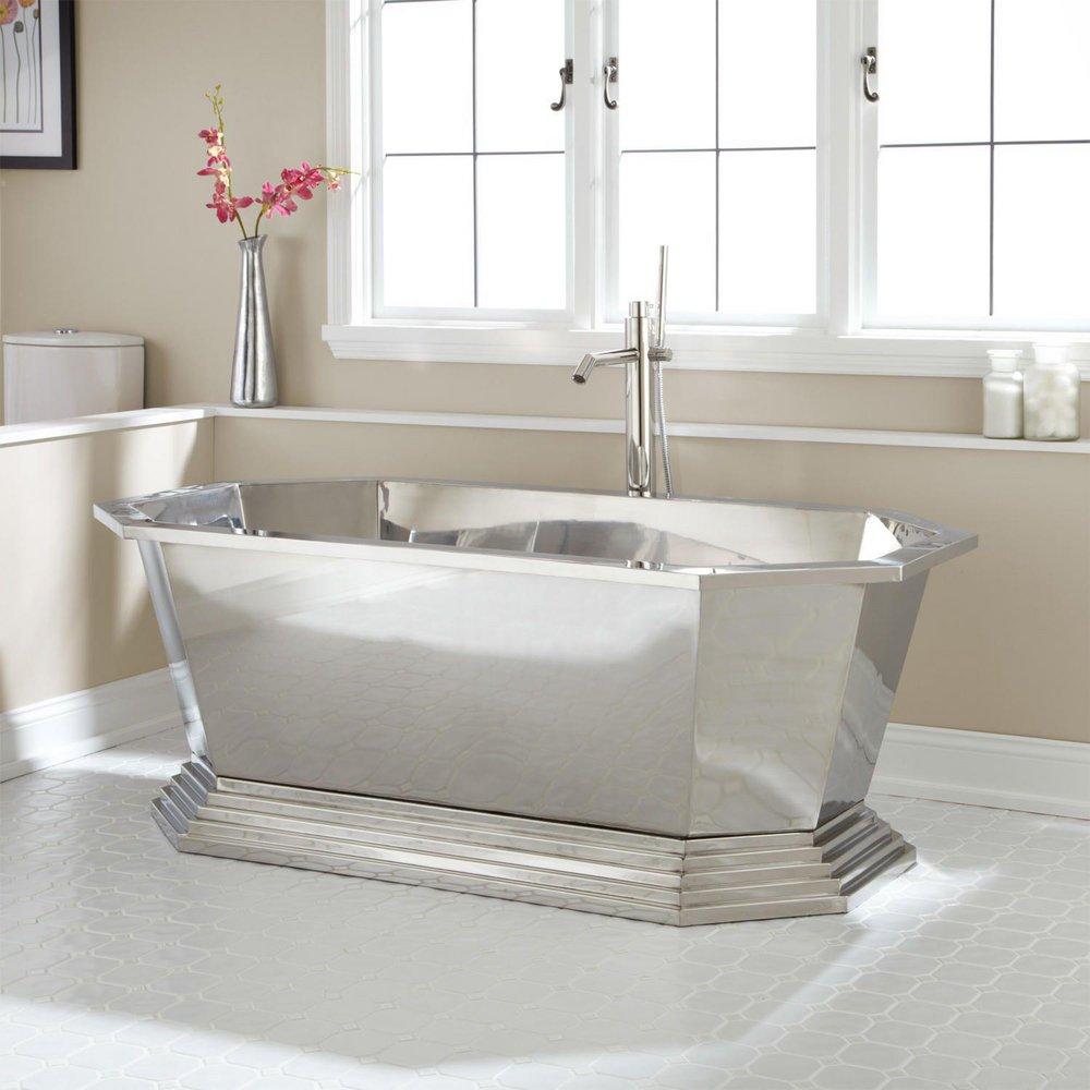 Signature Hardware Stainless Steel 66 x 34-1/2 in. Freestanding Bathtub with Center Drain 