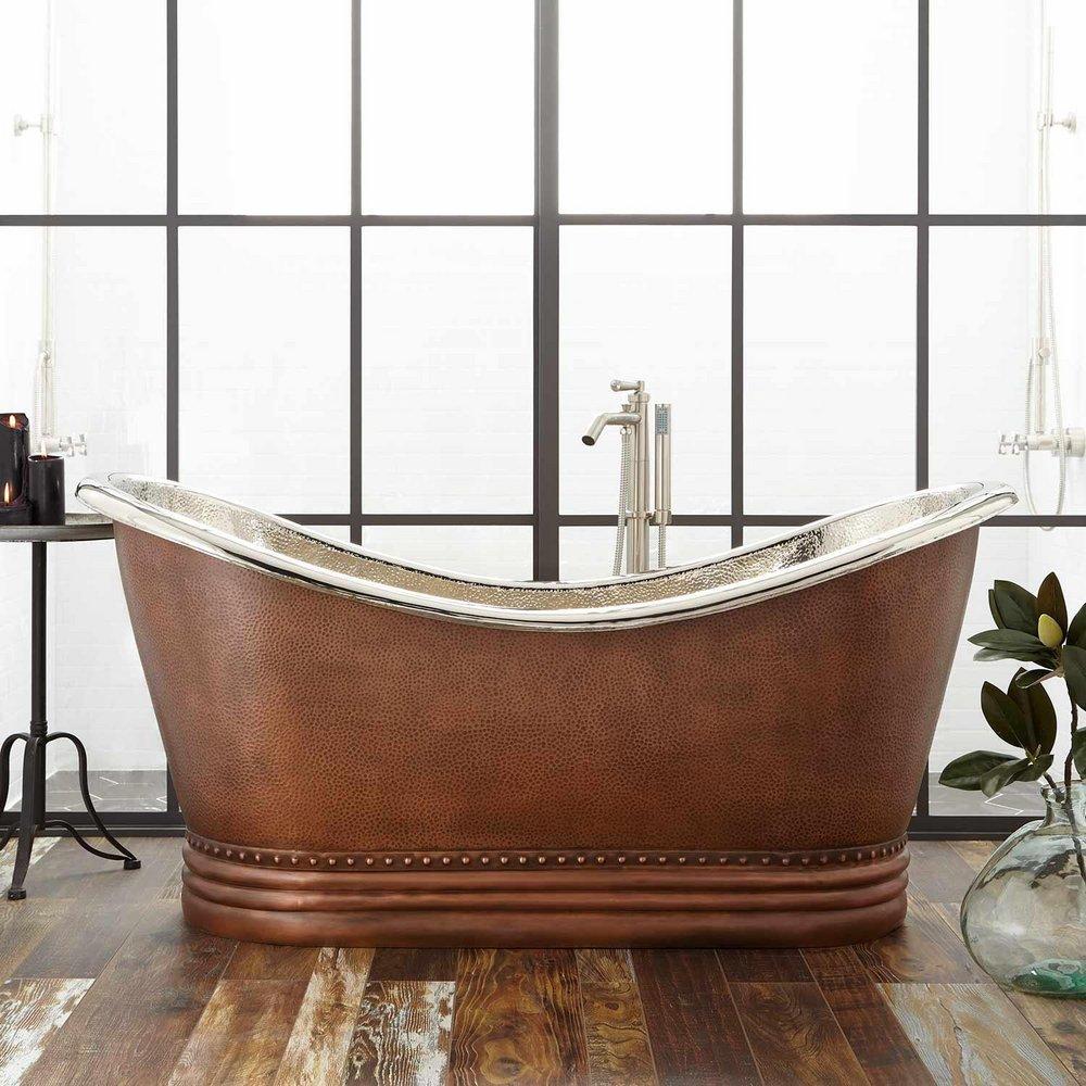 Signature Hardware Antique Copper Patina 66 x 31 in. Freestanding Bathtub with Center Drain 