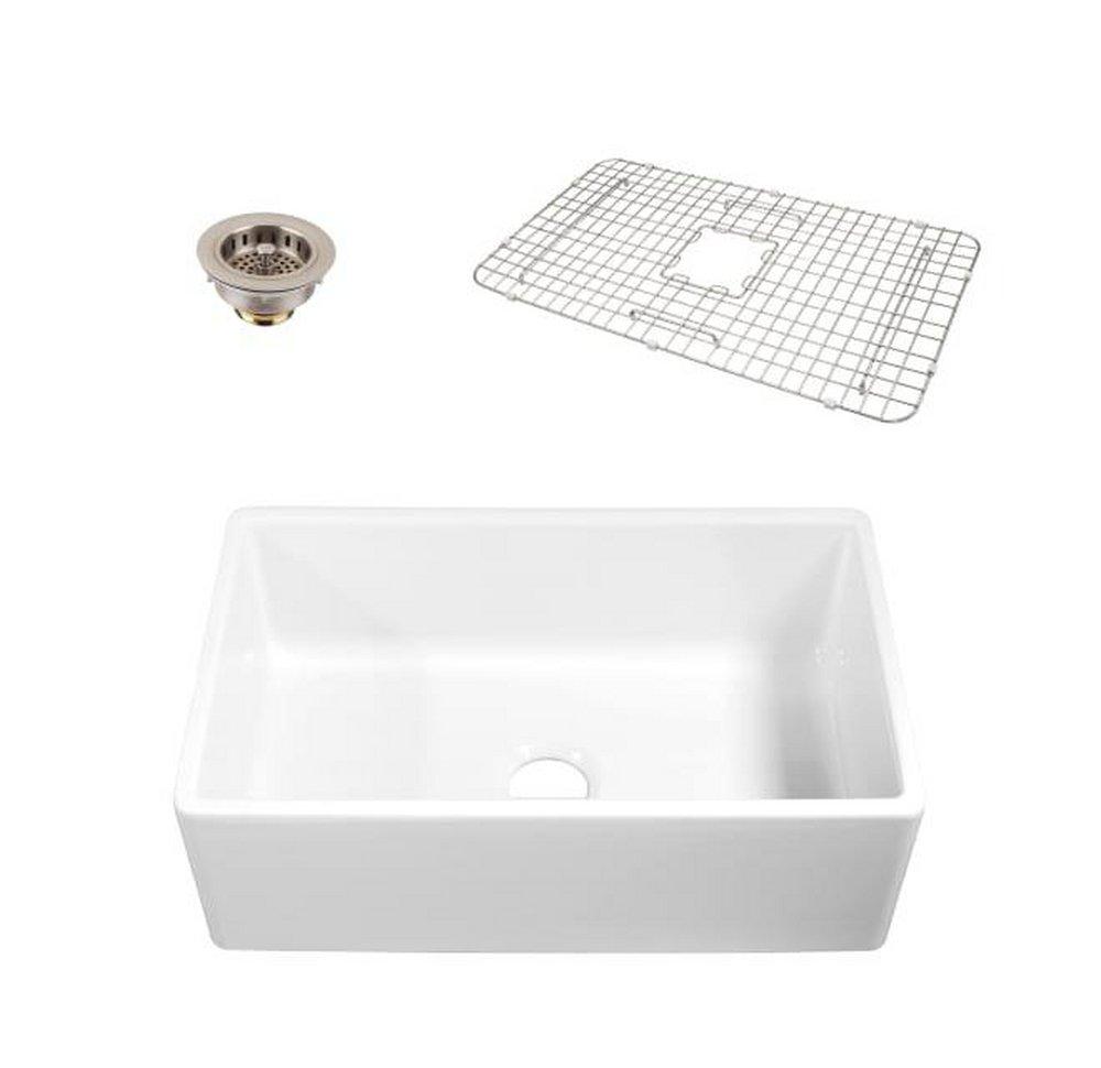 Thompson Gloss White 33 x 18 in. No-Hole Fireclay Single Bowl Farmhouse Kitchen Sink 