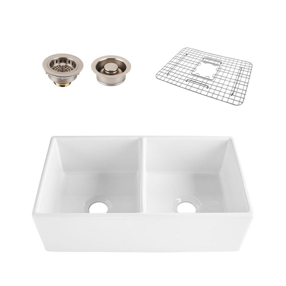 Thompson Gloss White 33 x 18 in. No-Hole Fire Clay Double Bowl Farmhouse Kitchen Sink 
