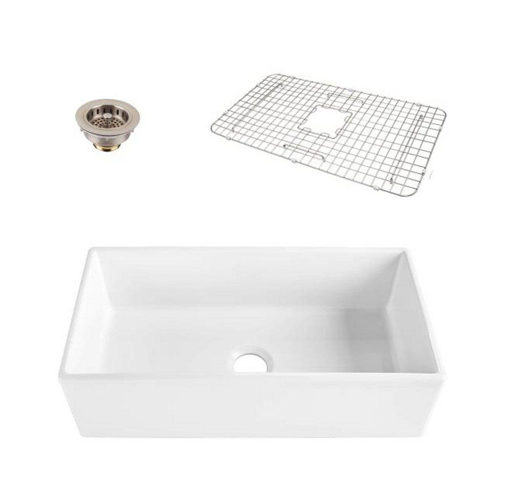 Thompson Gloss White 36 x 18 in. No-Hole Fireclay Single Bowl Farmhouse Kitchen Sink 