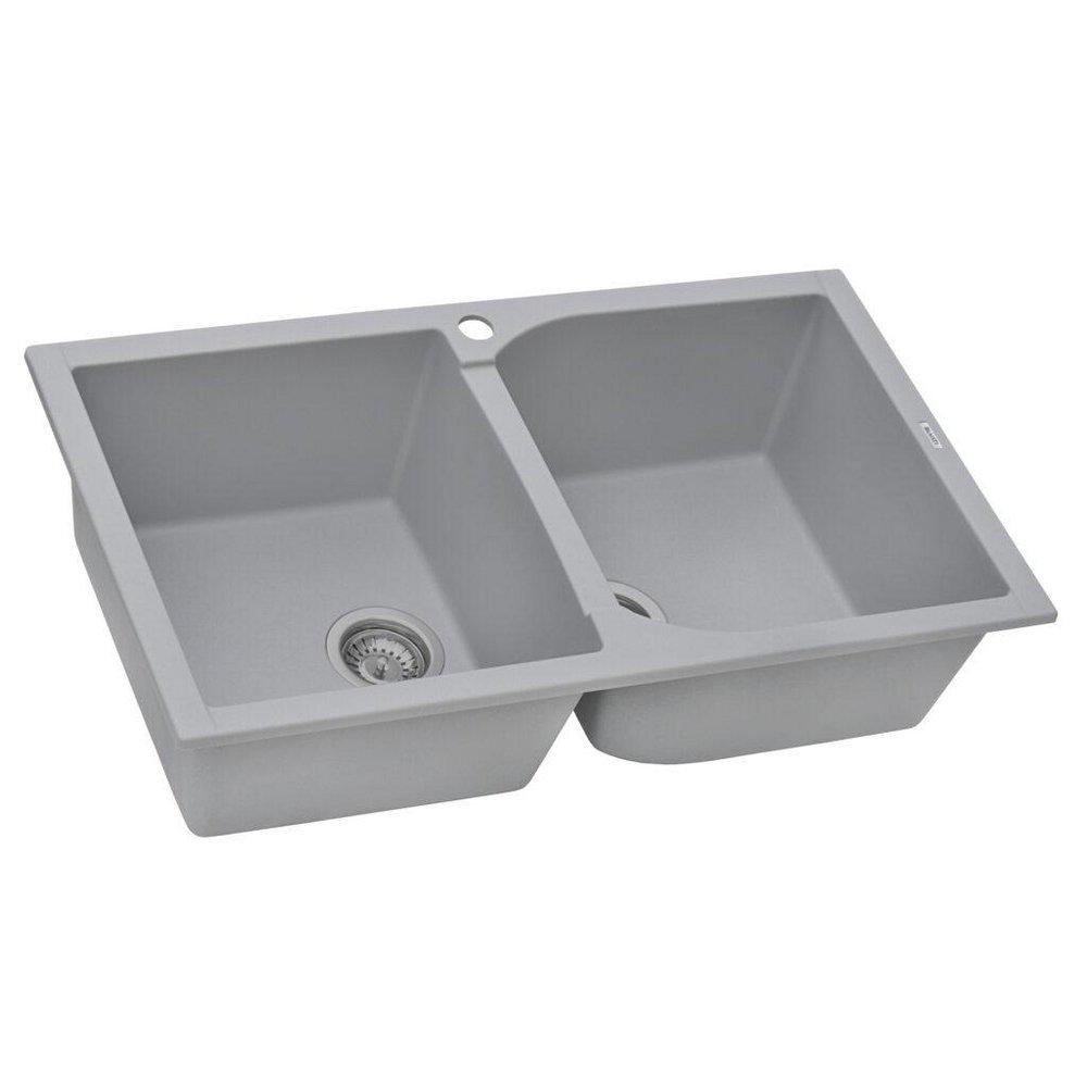 Ruvati Silver Grey 34 x 20 in. 1 Hole Granite Composite 2 Bowl Dual Mount Kitchen Sink 