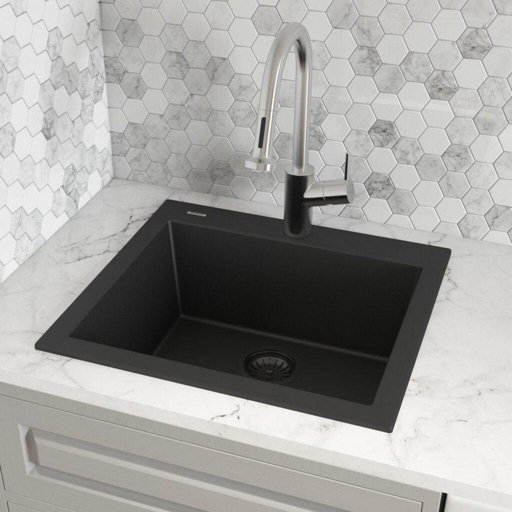 Ruvati Midnight Black 22 x 20 in. 1 Hole Granite Composite 1 Bowl Dual Mount Kitchen Sink 