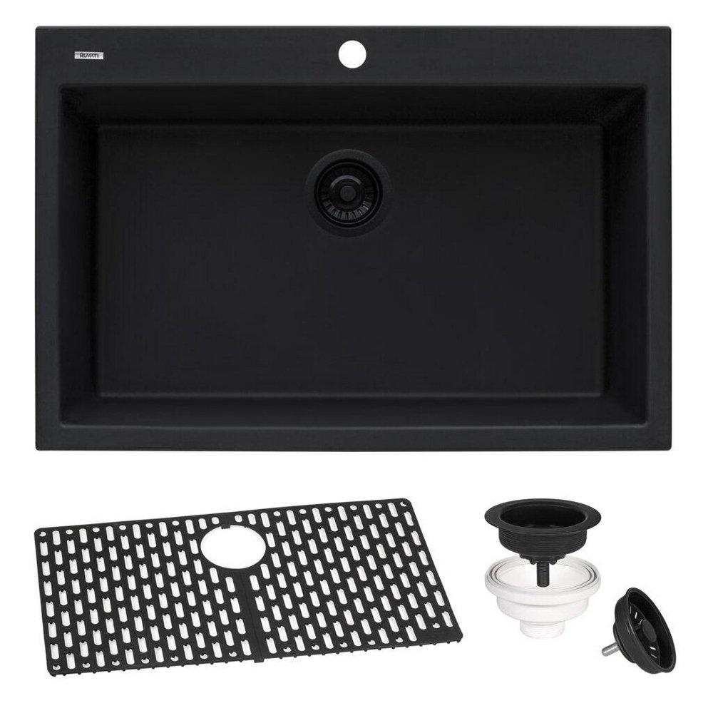 Ruvati Midnight Black 30 x 20 in. 1 Hole Granite Composite 1 Bowl Drop-in Kitchen Sink 