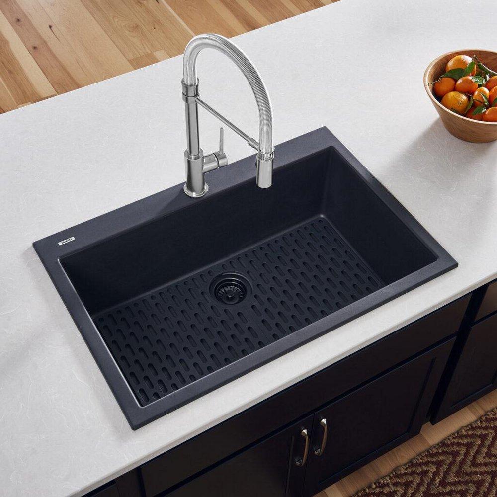 Ruvati Midnight Black 30 x 20 in. 1 Hole Granite Composite 1 Bowl Drop-in Kitchen Sink 