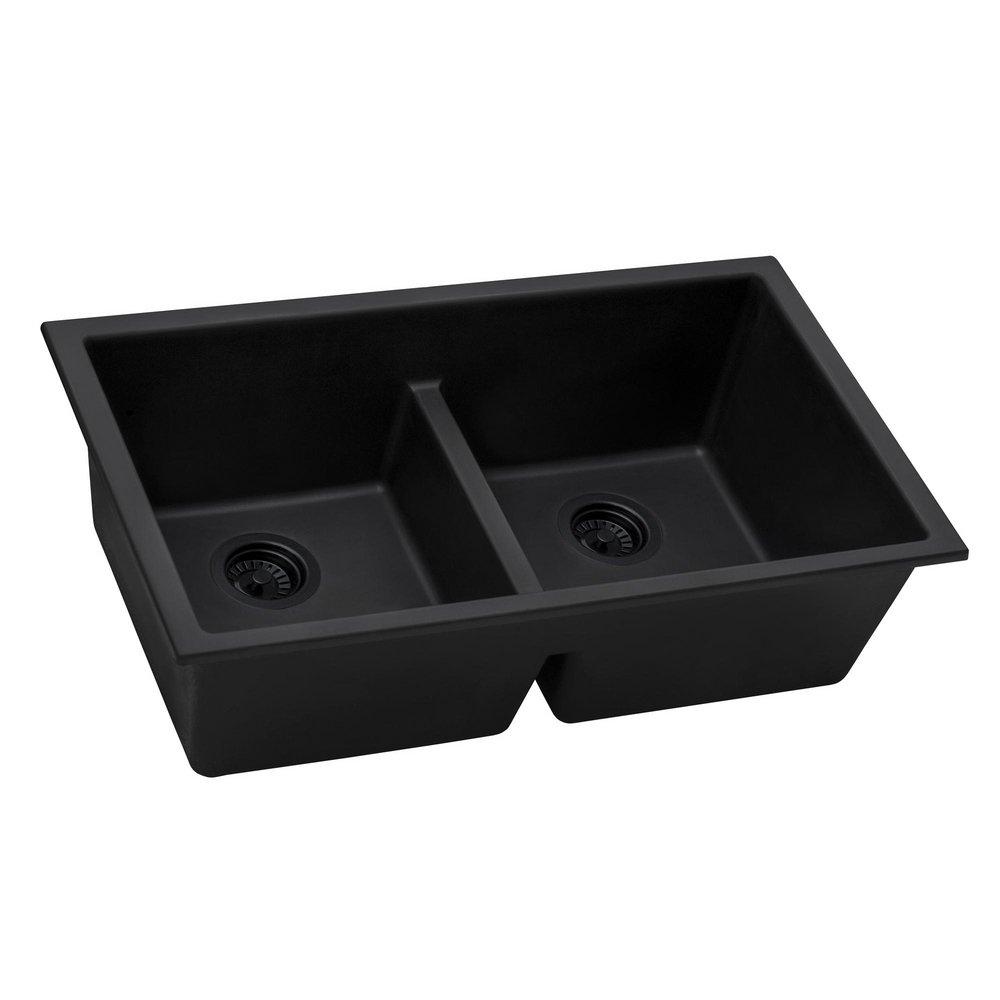 Ruvati Midnight Black 33 x 18-1/2 in. No Hole Granite Composite 2 Bowl Undermount Kitchen Sink 