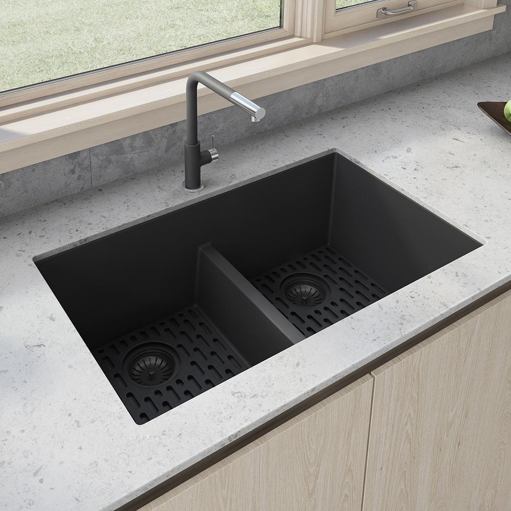 Ruvati Midnight Black 33 x 18-1/2 in. No Hole Granite Composite 2 Bowl Undermount Kitchen Sink 