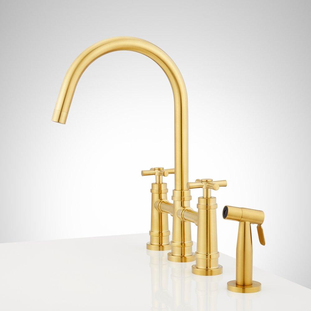 Two Handle Bridge Kitchen Faucet with Side Spray in Brushed Gold 
