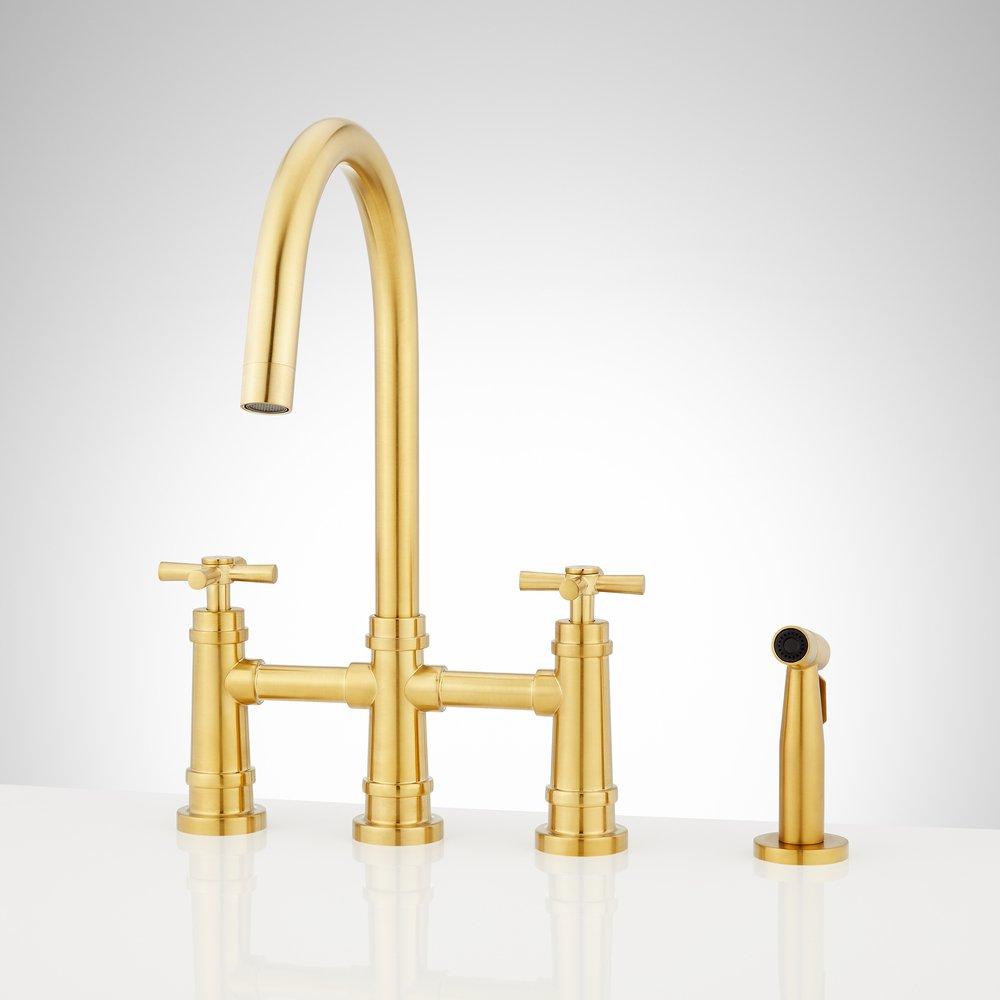 Two Handle Bridge Kitchen Faucet with Side Spray in Brushed Gold 