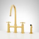 Two Handle Bridge Kitchen Faucet with Side Spray in Brushed Gold
