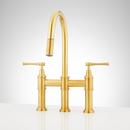 Two Handle Bridge Pull Down Kitchen Faucet in Brushed Gold