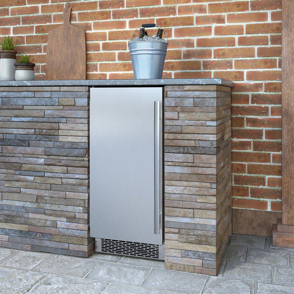 15" Built-In Outdoor Gourmet Ice Maker with Drain Pump and Left Hinge in Stainless Steel 