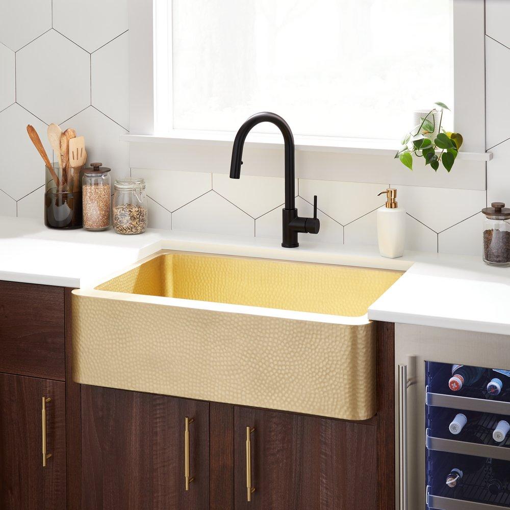 Signature Hardware Brushed Brass 33 in. 1 Hole Brass 1 Bowl Farmhouse Kitchen Sink 