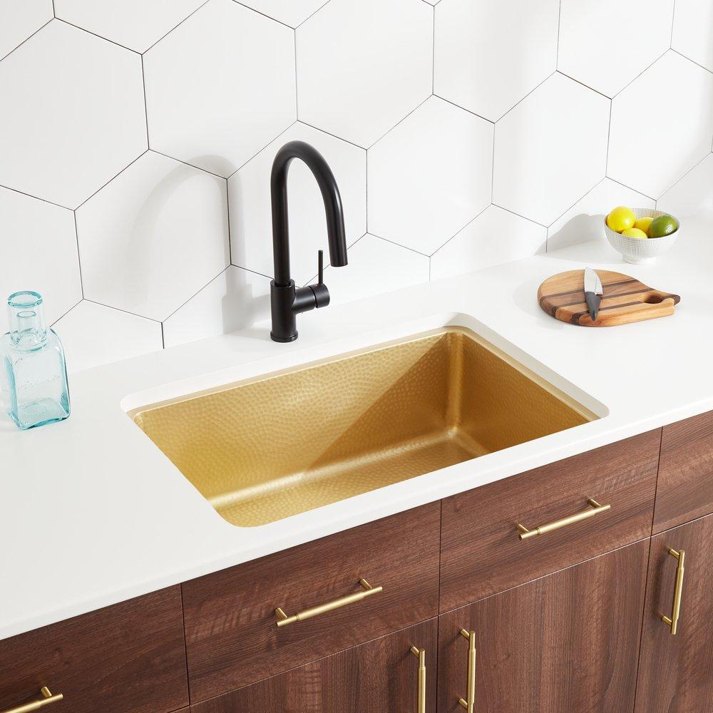 Signature Hardware Brushed Brass 30 x 21 in. No Hole Brass 1 Bowl Undermount Kitchen Sink 