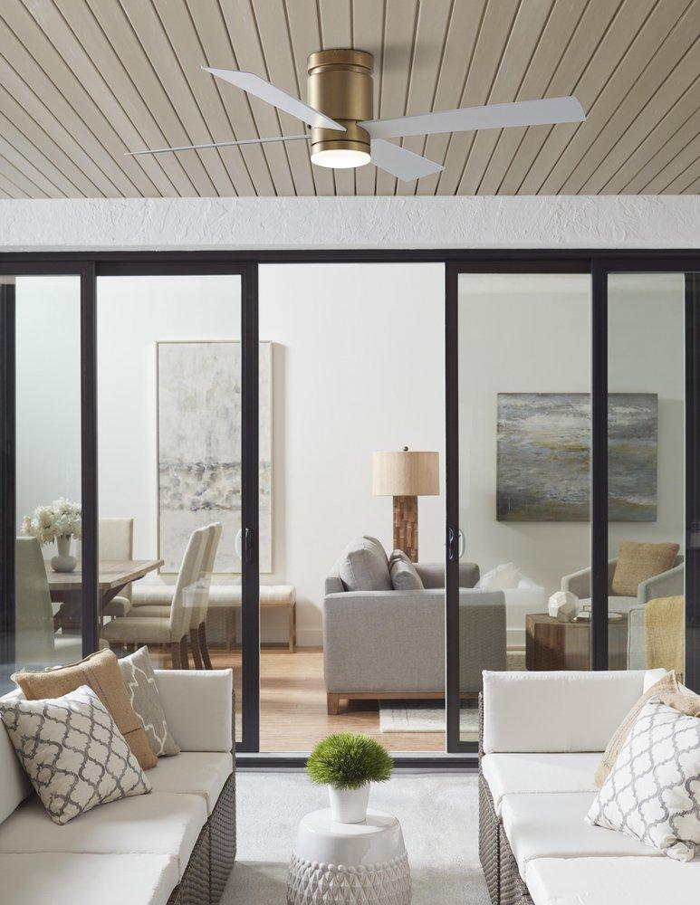 52 INCH INDOOR/OUTDOOR CEILING FAN WITH MATTE WHITE BLADES AND LED LIGHT KIT BRUSHED SATIN BRASS 