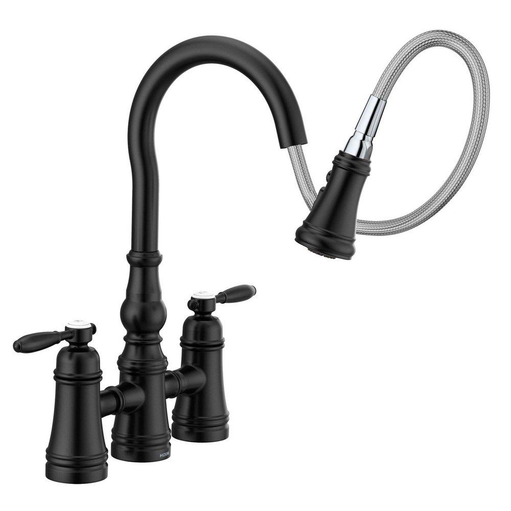 Two Handle Bridge Pull Down Kitchen Faucet in Wrought Iron 