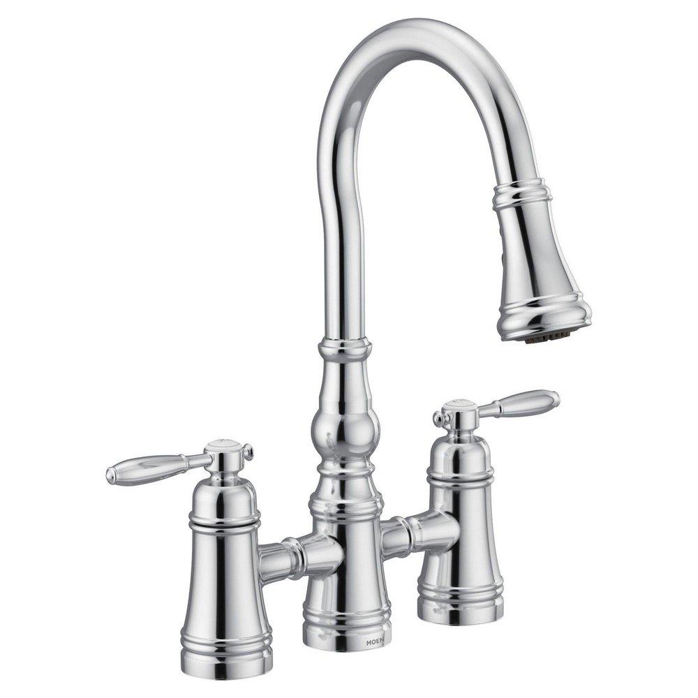 Moen Chrome Two Handle Bridge Pull Down Kitchen Faucet 