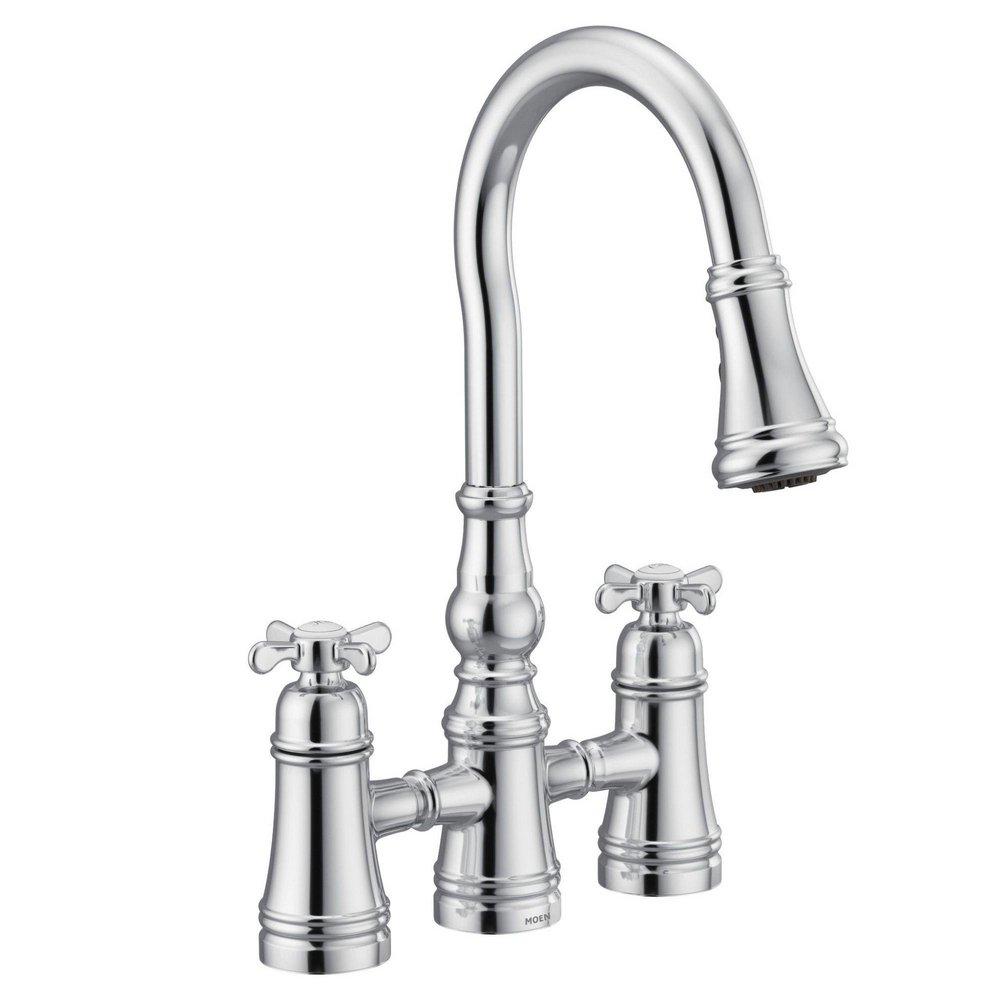 Moen Chrome Two Handle Bridge Pull Down Kitchen Faucet 